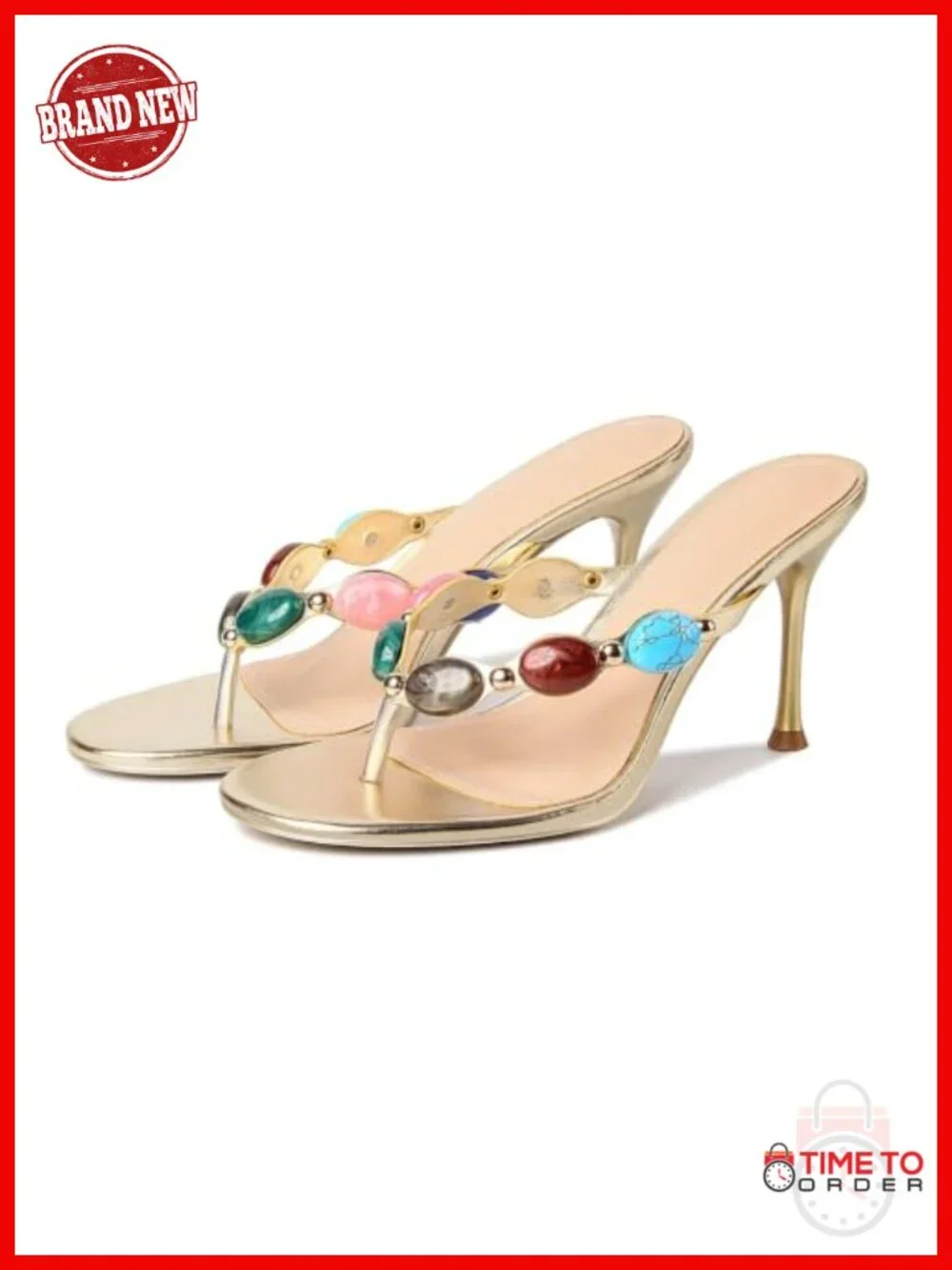 Jeweled Beaded Thong Heeled Sandals Stiletto Flip Flop Faux Leather Summer